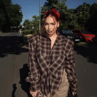 Women's Casual Oversized Plaid Shirt Long Sleeve Polyester Button Down Checked Blouse Brown Gingham Fashion Streetwear Top For Spring Autumn