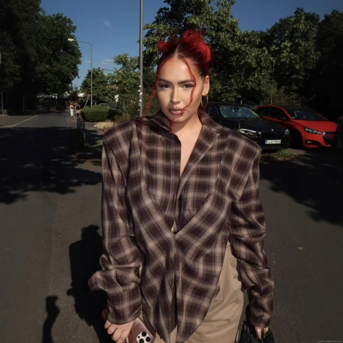 Women's Casual Oversized Plaid Shirt Long Sleeve Polyester Button Down Checked Blouse Brown Gingham Fashion Streetwear Top For Spring Autumn