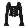 Women Square Neck Long Sleeve Top Elegant Satin Puff Sleeve Patchwork Blouse With Golden Rose Buttons Slim Fit Black Fashion Streetwear Apparel