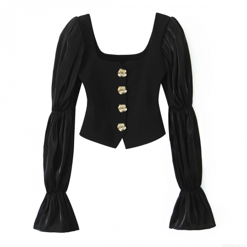 Women Square Neck Long Sleeve Top Elegant Satin Puff Sleeve Patchwork Blouse With Golden Rose Buttons Slim Fit Black Fashion Streetwear Apparel