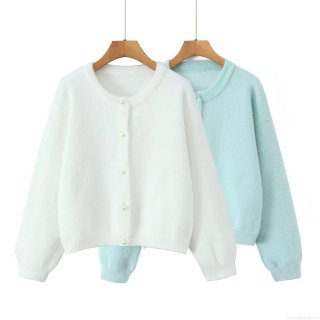 Women's Fashion Pearl Button Thick Cardigan Sweater Soft Faux Mink Fur Round Neck Long Sleeve Knitwear Loose Solid Color Warm Sweater Coat