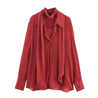 Women's Fashion Polka Dot Print Long Sleeve Blouse Elegant Tie Bow Neck Chiffon Shirt Casual Office Lady Tops Pullover