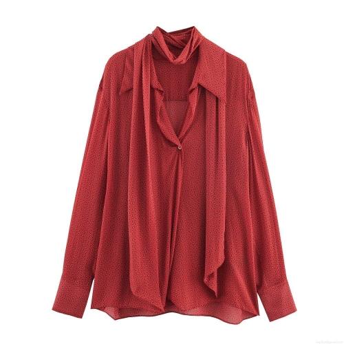 Women's Fashion Polka Dot Print Long Sleeve Blouse Elegant Tie Bow Neck Chiffon Shirt Casual Office Lady Tops Pullover