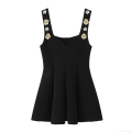 Women's Sexy Black Cami Top Peplum Hem Mini Dress With Metal Gold Rose And Pearl Flower Straps Slim Fit Cami For Party Clubwear