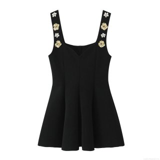 Women's Sexy Black Cami Top Peplum Hem Mini Dress With Metal Gold Rose And Pearl Flower Straps Slim Fit Cami For Party Clubwear