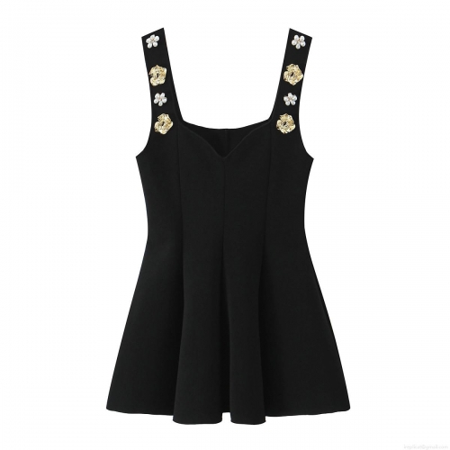 Women's Sexy Black Cami Top Peplum Hem Mini Dress With Metal Gold Rose And Pearl Flower Straps Slim Fit Cami For Party Clubwear