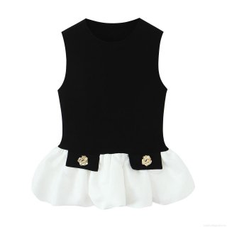 Women's Sleeveless Peplum Top Color Block Knit Patchwork Tank Top With Gold Rose Button Elegant Slim Fit Round Neck Blouse For Summer Party Casual