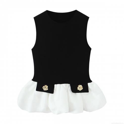 Women's Sleeveless Peplum Top Color Block Knit Patchwork Tank Top With Gold Rose Button Elegant Slim Fit Round Neck Blouse For Summer Party Casual