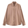 Women's Satin Silk Textured Button Down Shirt Elegant Long Sleeve Lapel Blouse Office Work Casual Drop Shoulder Glossy Satin Blouse Tops For Women