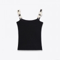 Women's Sexy Sweet Spicy Style Black Ribbed Knitted Camisole With 3D White Flower Straps Slim Fit Sleeveless Crop Top For Summer Party Clubwear
