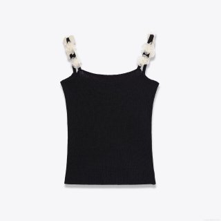 Women's Sexy Sweet Spicy Style Black Ribbed Knitted Camisole With 3D White Flower Straps Slim Fit Sleeveless Crop Top For Summer Party Clubwear