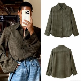 Women's Fashion Lapel Small Plaid Shirt Long Sleeve Button Down Blouse With Single Chest Pocket Retro British Style Regular Fit Polyester Casual Tops