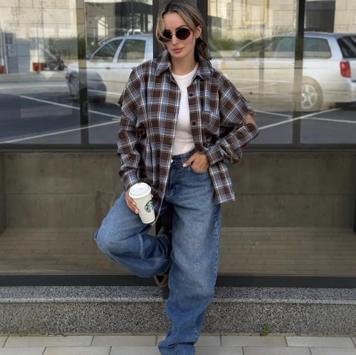 Women's Long Sleeve Plaid Shirt Casual Loose Button Down Polyester Blouse Fashion Streetwear Top For Daily Outing Spring Autumn Women Clothes