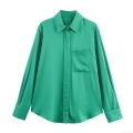 Women's Satin Texture Button Down Shirt Elegant Long Sleeve Green Blouse With Pocket Casual Tops For Office Work Daily Fashion