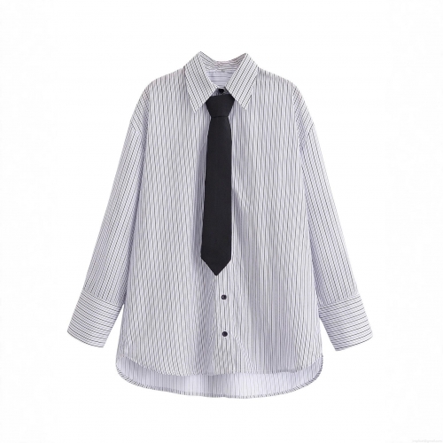 Women's Fashion Striped Long Sleeve Shirt With Black Tie Set Elegant Blue White Striped Blouse Office Lady Casual Button Down Top For Autumn Spring