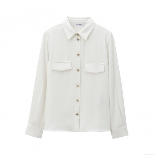 Women Elegant White Crepe Blouse With Padded Shoulders And Gold Metal Buttons Long Sleeve Lapel Shirt For Office Commuting Daily Casual Ladies Top