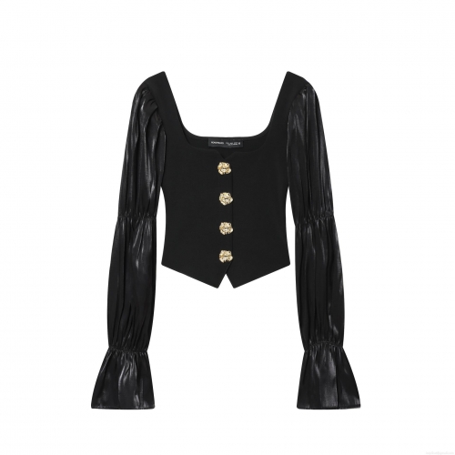 Women's T-Shirt Square Neck Long Puff Sleeve Top With Gold Rose Buttons Satin Patchwork Slim Fit Casual Party Blouse Fashion Streetwear For Women