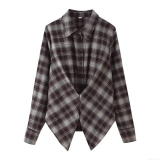 Women's Plaid Long Sleeve Shirt Irregular Waist Hem Lapel Polyester Blouse Casual Streetwear Elegant Tops For Women Spring Autumn