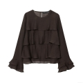 Women's Solid Coffee Tencel Polyester Long Sleeve Tiered Ruffle Blouse Elegant Round Neck Pullover Flared Sleeve Top for Spring Autumn Daily Wear