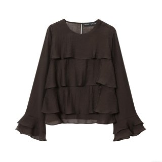 Women's Solid Coffee Tencel Polyester Long Sleeve Tiered Ruffle Blouse Elegant Round Neck Pullover Flared Sleeve Top for Spring Autumn Daily Wear