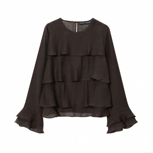 Women's Solid Coffee Tencel Polyester Long Sleeve Tiered Ruffle Blouse Elegant Round Neck Pullover Flared Sleeve Top for Spring Autumn Daily Wear
