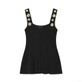 Women's Elegant Square Neck Sleeveless Tank Top With 3D Pearl Flower Straps Flared Hem Stretchy Knit Cami For Party Dating