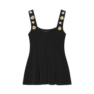 Women's Elegant Square Neck Sleeveless Tank Top With 3D Pearl Flower Straps Flared Hem Stretchy Knit Cami For Party Dating