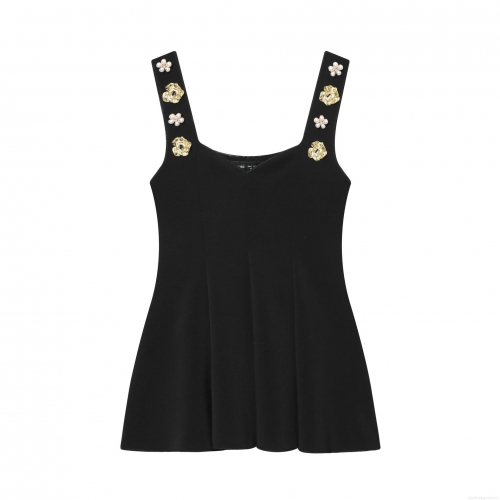 Women's Elegant Square Neck Sleeveless Tank Top With 3D Pearl Flower Straps Flared Hem Stretchy Knit Cami For Party Dating