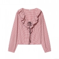 Women's Long Sleeve Red White Gingham Plaid Blouse Ruffle V-Neck Tie Detail Vintage Sweet Casual Tops Shirt