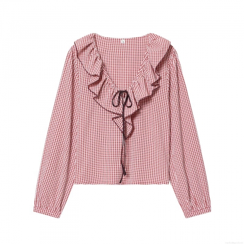 Women's Long Sleeve Red White Gingham Plaid Blouse Ruffle V-Neck Tie Detail Vintage Sweet Casual Tops Shirt