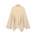 Elegant Women High Neck Pearl Chiffon Blouse Cape Style Tiered Ruffle Long Flared Sleeve Top For Party Office Solid Color Loose Fit Blouse