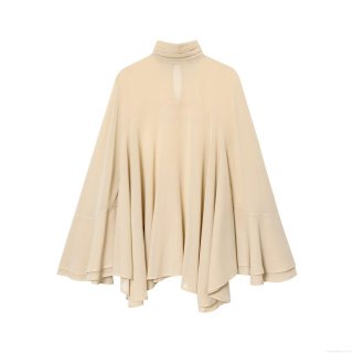 Elegant Women High Neck Pearl Chiffon Blouse Cape Style Tiered Ruffle Long Flared Sleeve Top For Party Office Solid Color Loose Fit Blouse