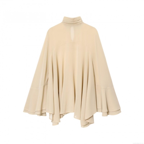 Elegant Women High Neck Pearl Chiffon Blouse Cape Style Tiered Ruffle Long Flared Sleeve Top For Party Office Solid Color Loose Fit Blouse