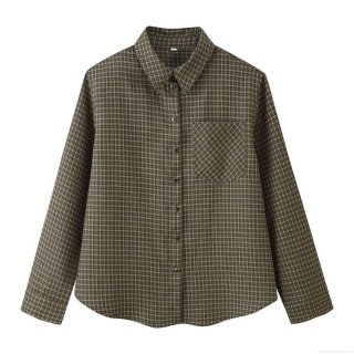 Women Plaid Button Down Shirt Long Sleeve Blouse With Padded Shoulders Casual Vintage Checked Jacket Top For Daily Office Wear Elegant Ladies Fashion Outwear