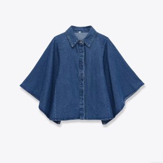 Women's Casual Denim Cape Shirt Jacket V Neck Button Down Loose Silhouette Long Sleeve Polyester Outwear Blouse Top