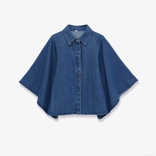 Women's Casual Denim Cape Shirt Jacket V Neck Button Down Loose Silhouette Long Sleeve Polyester Outwear Blouse Top