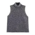 Women's Elegant Wool Blend Knit Tank Top Sparkling Rhinestone Beaded Sleeveless Mock Neck Sweater Vest Chic Party Pullover Top