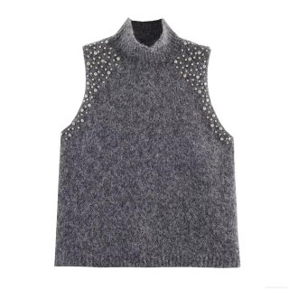 Women's Elegant Wool Blend Knit Tank Top Sparkling Rhinestone Beaded Sleeveless Mock Neck Sweater Vest Chic Party Pullover Top