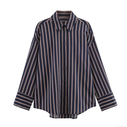 Women's Casual Vertical Striped Long Sleeve Shirt Elegant Turn-down Collar Button Down Blouse Polyester Commuter Tops For Daily Wear
