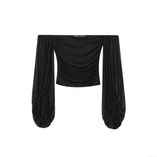 Sexy Off Shoulder Ruched Mesh Top Women Solid Black Long Lantern Sleeve Elegant Blouse For Party Date Night