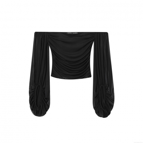 Sexy Off Shoulder Ruched Mesh Top Women Solid Black Long Lantern Sleeve Elegant Blouse For Party Date Night
