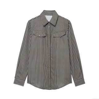 Women's Stripe Long Sleeve Button Down Shirt Polyester Poplin Blouse With Double Pockets Casual Office Work Regular Fit Tops