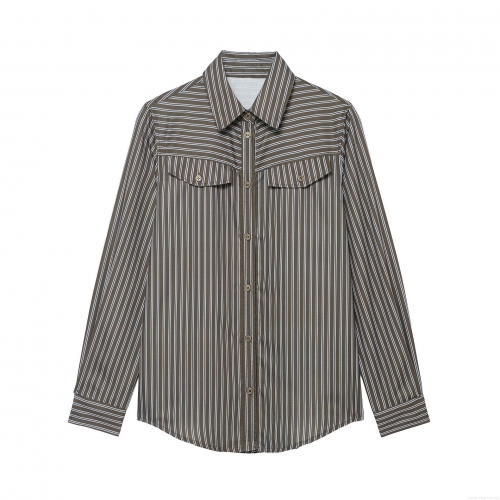 Women's Stripe Long Sleeve Button Down Shirt Polyester Poplin Blouse With Double Pockets Casual Office Work Regular Fit Tops