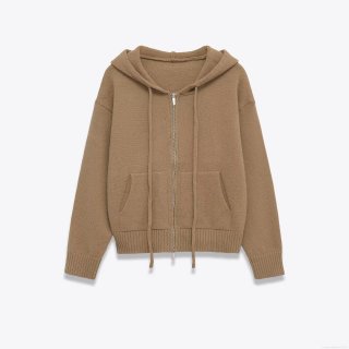 Women's Casual Knitted Hooded Jacket With Zipper Solid Color Long Sleeve Sweatshirt Cardigan For Autumn Winter Khaki Polyester Knit Outwear