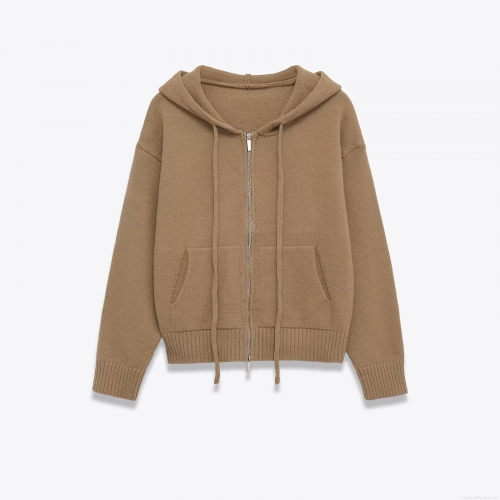 Women's Casual Knitted Hooded Jacket With Zipper Solid Color Long Sleeve Sweatshirt Cardigan For Autumn Winter Khaki Polyester Knit Outwear