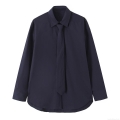Women Long Sleeve Blouse With Tie Polyester Solid Color Business Casual Office Work Shirt Elegant Navy Blue Socialite Tops