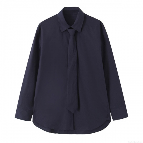 Women Long Sleeve Blouse With Tie Polyester Solid Color Business Casual Office Work Shirt Elegant Navy Blue Socialite Tops