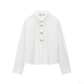 Women's Elegant Poplin Long Sleeve Shirt With Rhinestone Bow Buttons Fashion Turn-down Collar Solid White Blouse Top For Daily Office Lady Casual Wear