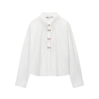 Women's Elegant Poplin Long Sleeve Shirt With Rhinestone Bow Buttons Fashion Turn-down Collar Solid White Blouse Top For Daily Office Lady Casual Wear