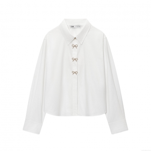 Women's Elegant Poplin Long Sleeve Shirt With Rhinestone Bow Buttons Fashion Turn-down Collar Solid White Blouse Top For Daily Office Lady Casual Wear